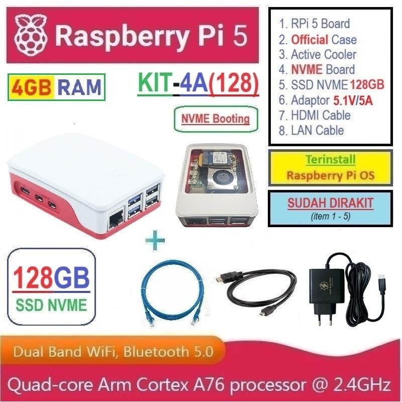 KIT-4A(128)  Raspberry Pi 5 (4GB RAM) KIT NVME SSD 128GB - Complete SET SIAP PAKAI
